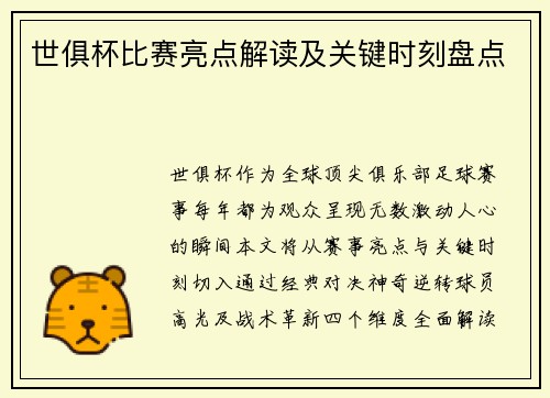 世俱杯比赛亮点解读及关键时刻盘点